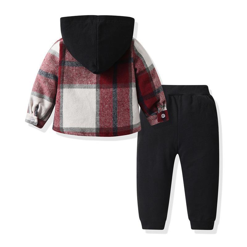 Toddler Boys Plaid Hooded Shirt & Khaki Sweatpants Set, Fashionable Long Sleeve Button-Down Top with Pocket, Comfortable Joggers for Kids, Perfect for Autumn/Winter Daily Wear & Outdoor Activities