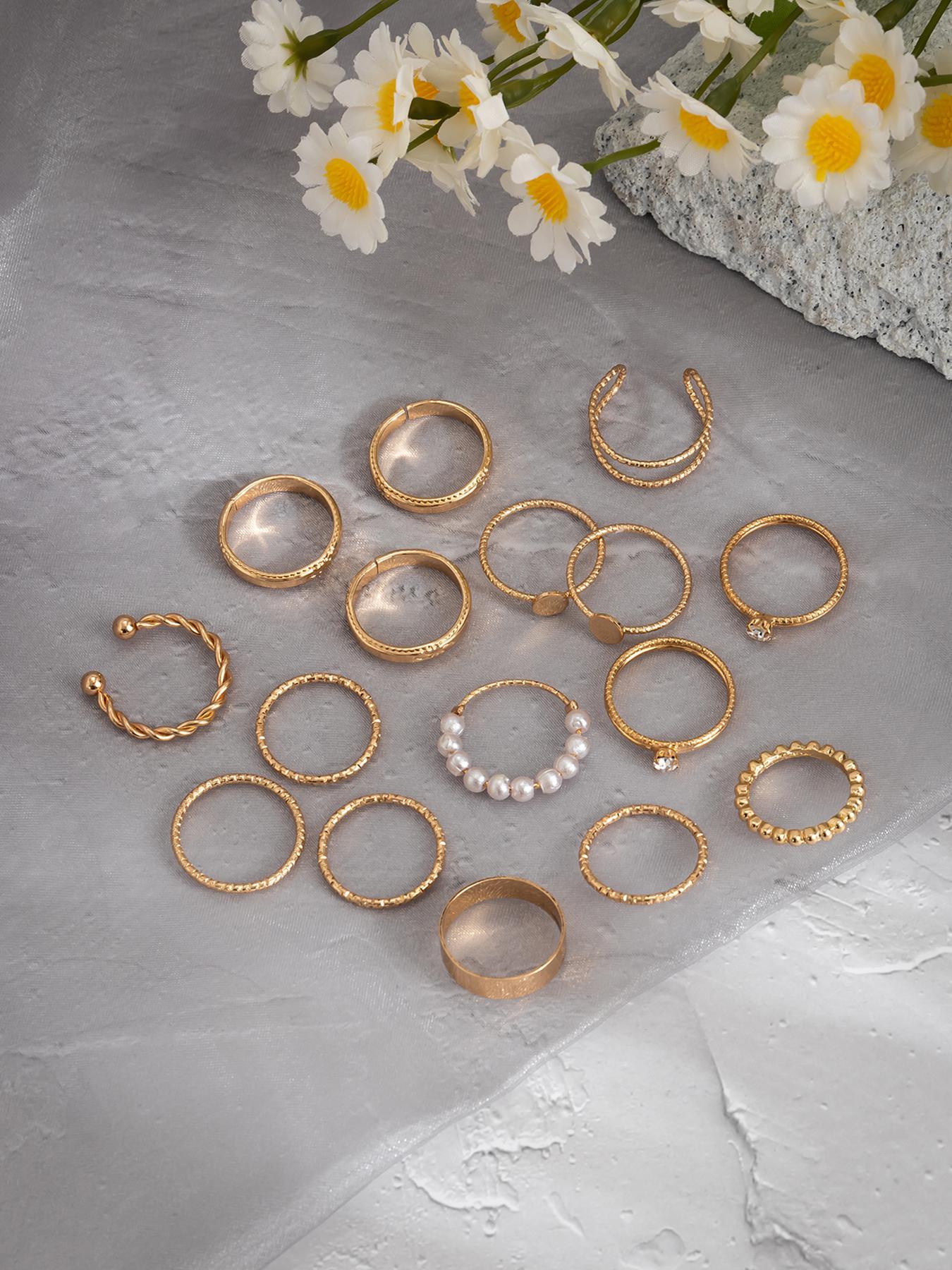 Women's 16pcs Faux Pearls Decor Rings, Rhinestone Embellish Ring Set