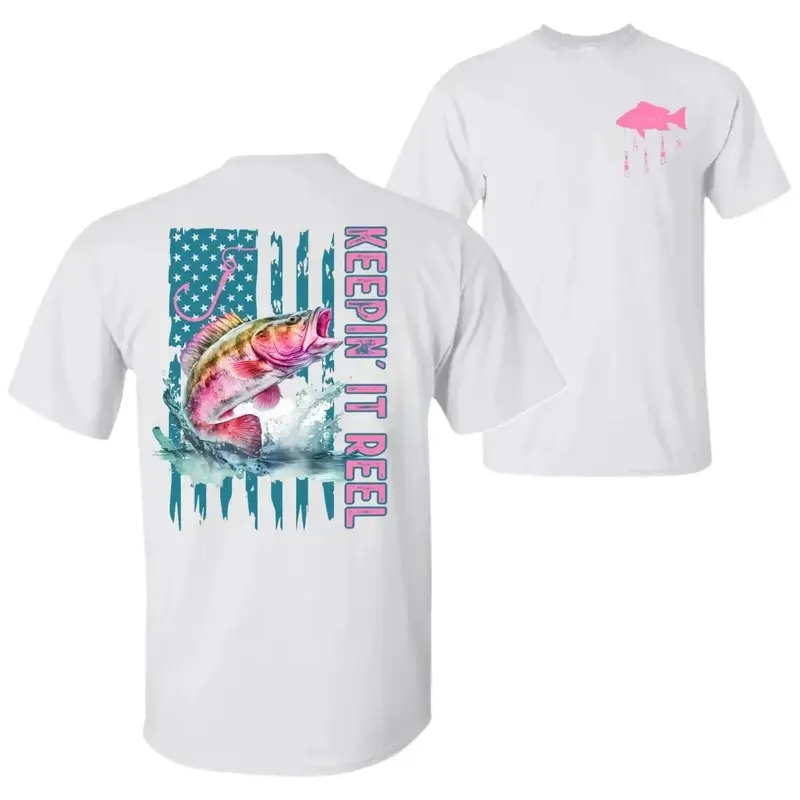 Menswear Keepin' It Reel Fishing T-Shirt - Unisex Round Neck Slimming/Loose Simple Breathable Short-Sleeve Graphic Crew Neck Top, Funny Angler Gift for Outdoor Trips, Casual, Cotton