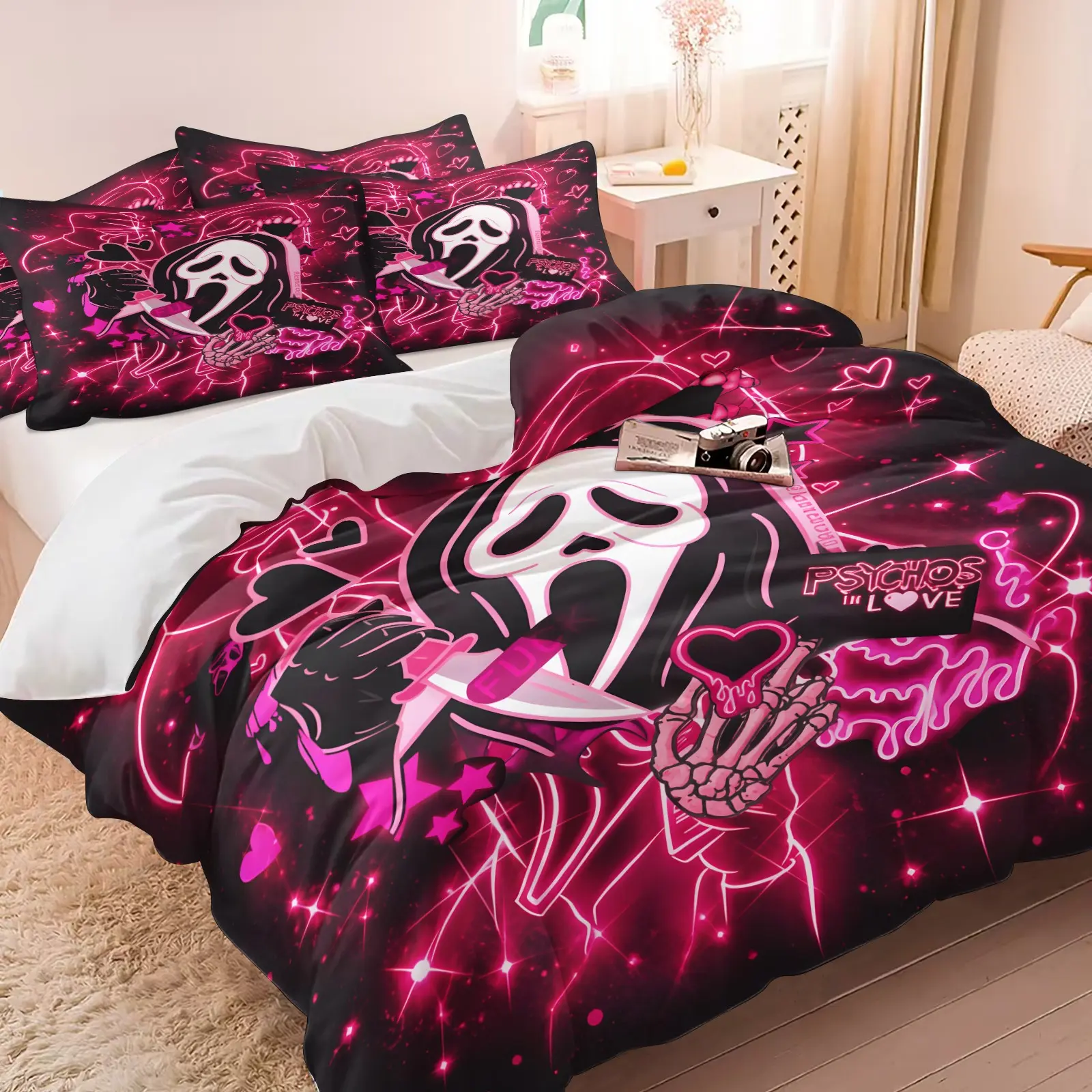 Neon Pastel Goth Ghostface Print Duvet Cover Set-1 Duvet + 1-2 Pillowcases-Horror Symbols and Romantic Heart Elements-Soft Comfortable Bedding-Ideal for Horror Fans Bedroom Girls Dorm Gaming Room Decor