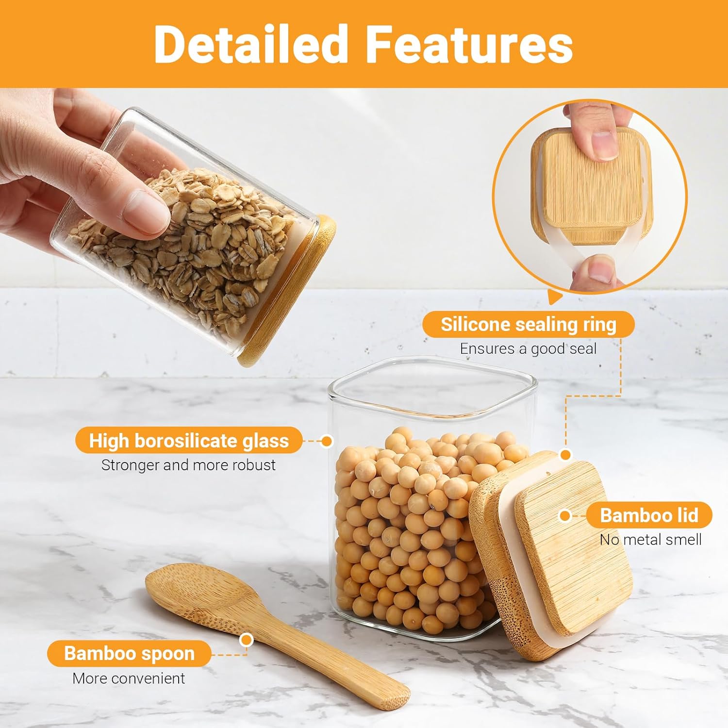 Square Glass Storage Jars, 2 Pack 6 Fl.oz Glass Jars with  , Clear  Canister Stackable Sugar Coffee Containers for Candy Loose  Oats - Set Included Labels, Spoon and Marker