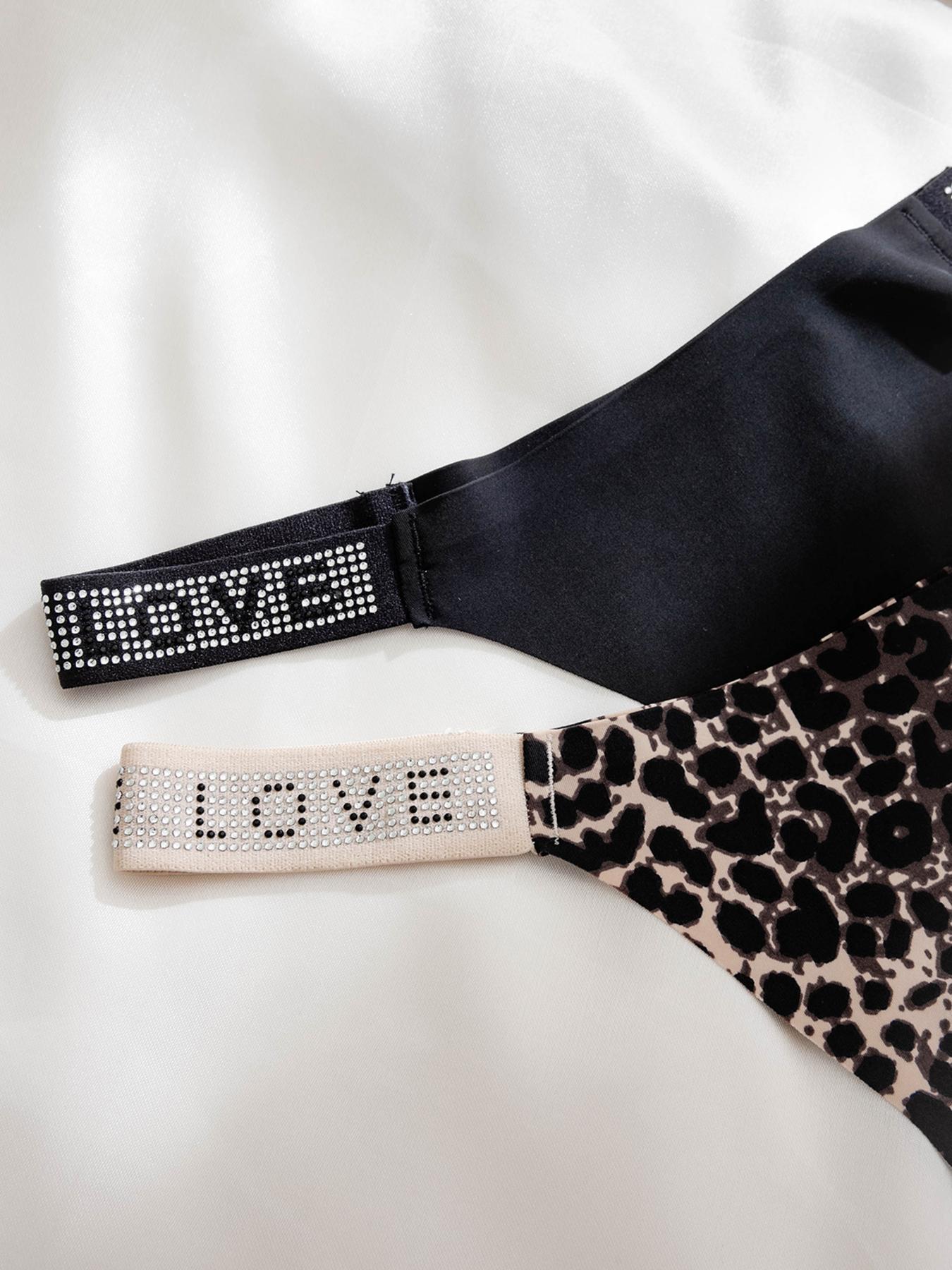 Women's Leopard & Letter Print Rhinestone Decor Casual Thong, Soft Comfy Breathable Stretchy Drop Waist Panty for Daily Wear, Underwear for All Seasons, Summer Outfits 2024