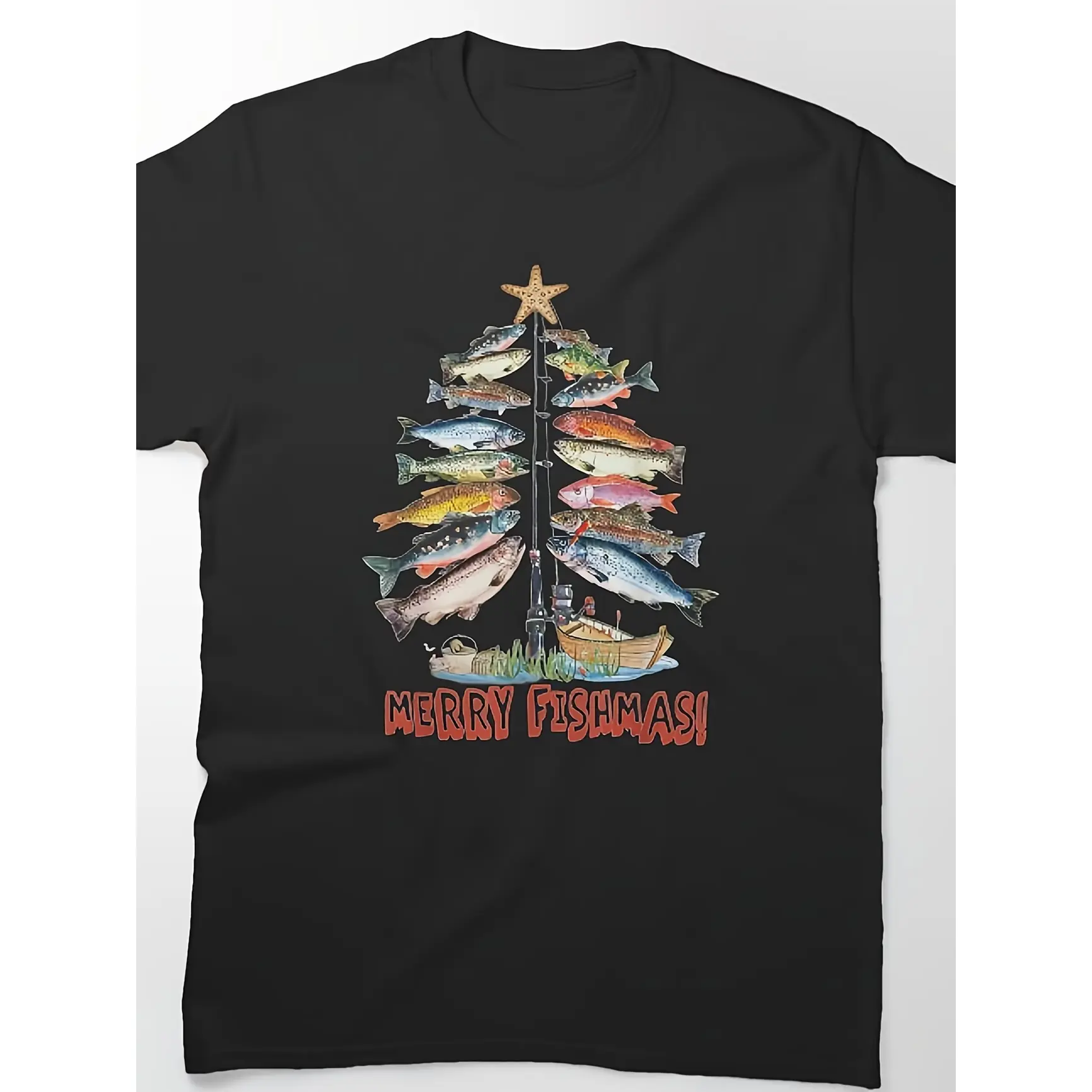 Merry Fishmas Christmas Tree Graphic Tee – Cute Oversized Cotton Shirt, Funny Holiday Outfit, Ideal Valentine’s Day Gift for Lover, Best Christmas Present for Him/Her