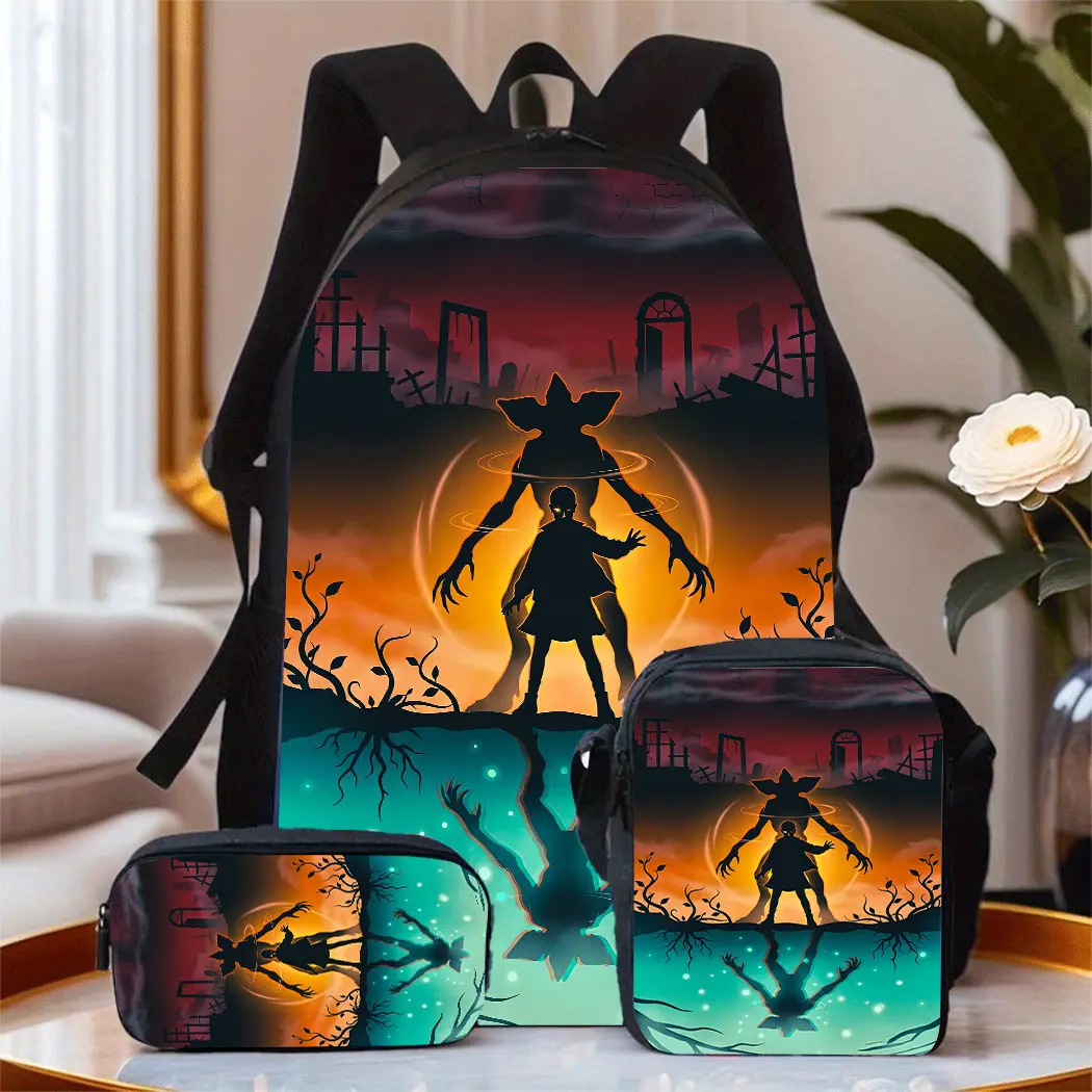 Stranger Things Demogorgon 3PCS Backpack Set, Eleven vs Monster Silhouette Print School Backpack with Lunch Box & Pencil Case, Lightweight Durable Daypack for Fans, Ideal Horror Sci-Fi TV Show Themed School Supplies Gift