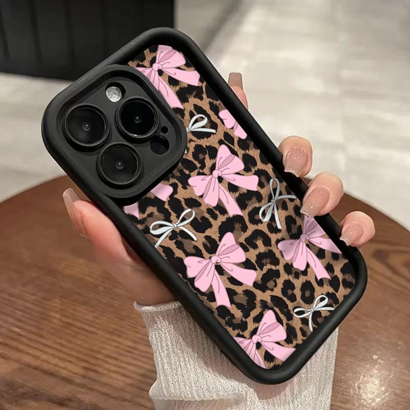 Case for iPhone 17 Pro Max 16 Plus 15 14 13 12 11 Air E Fashion Bowknot Leopard Pattern  Drop Protection Shockproof Soft Silicone smartphone Cover