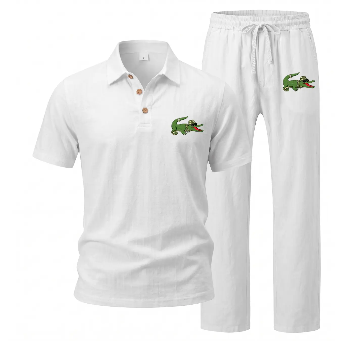 Men’s Lightweight Linen Blend Two Piece Outfit, Relaxed Polo Shirt and Casual Pants with Tropical Graphic Detail, Breathable Summer Wear for Beach Holidays, Outdoor Adventures and Weekend Style