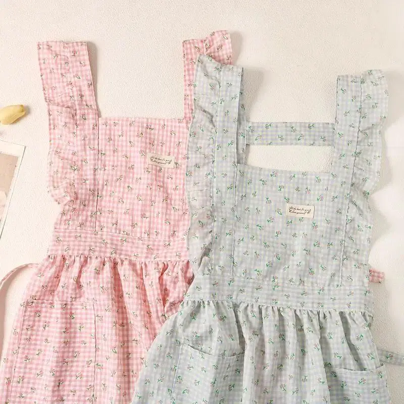 Pink Floral Checkered Cotton Bubble Home Apron - Summer Breathable Thin, Cute Sweet, Anti-Fouling Home Care Workwear, Apron - Pink