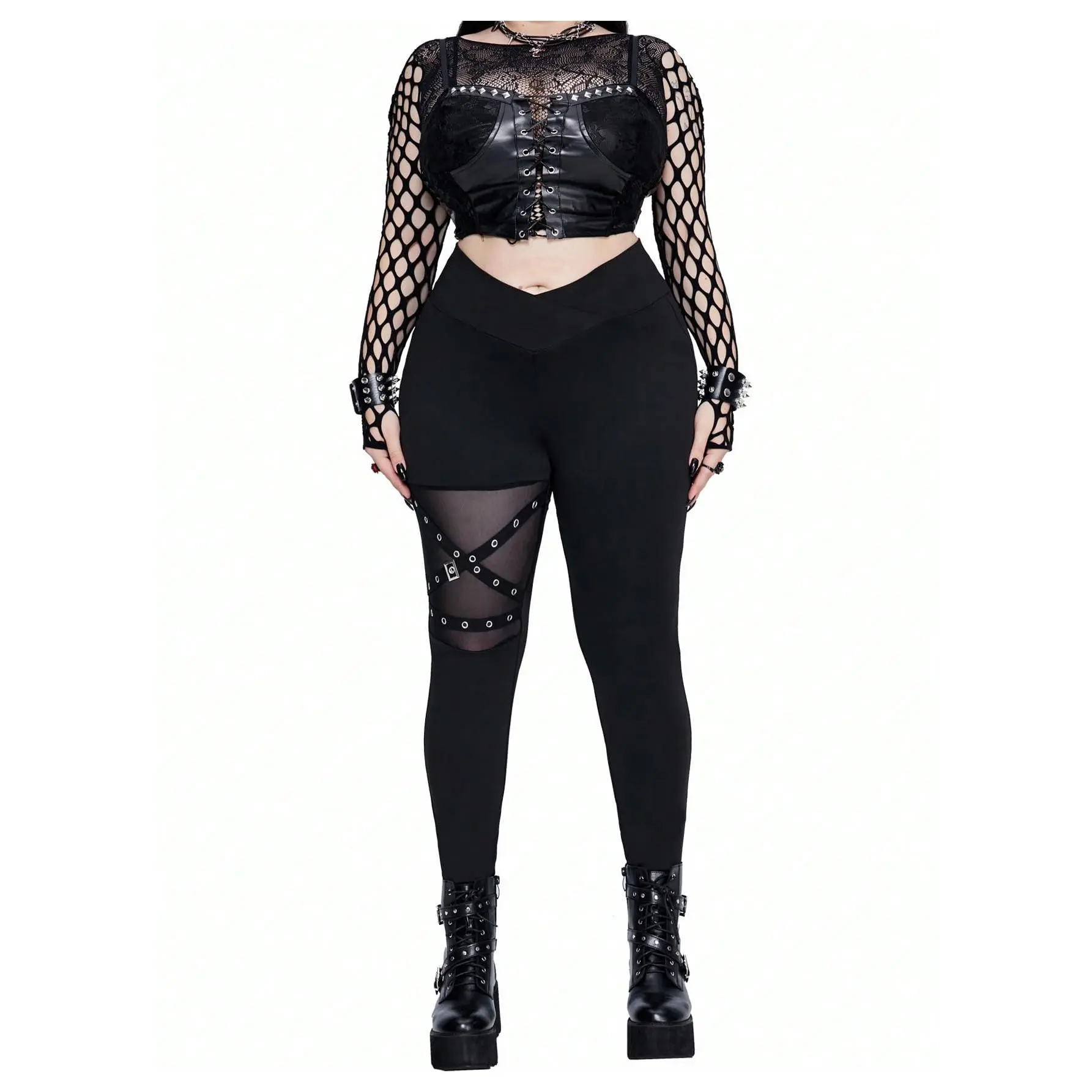 Plus Size Goth Leggings Patchwork Punk Contrast High Waisted Legging Pants