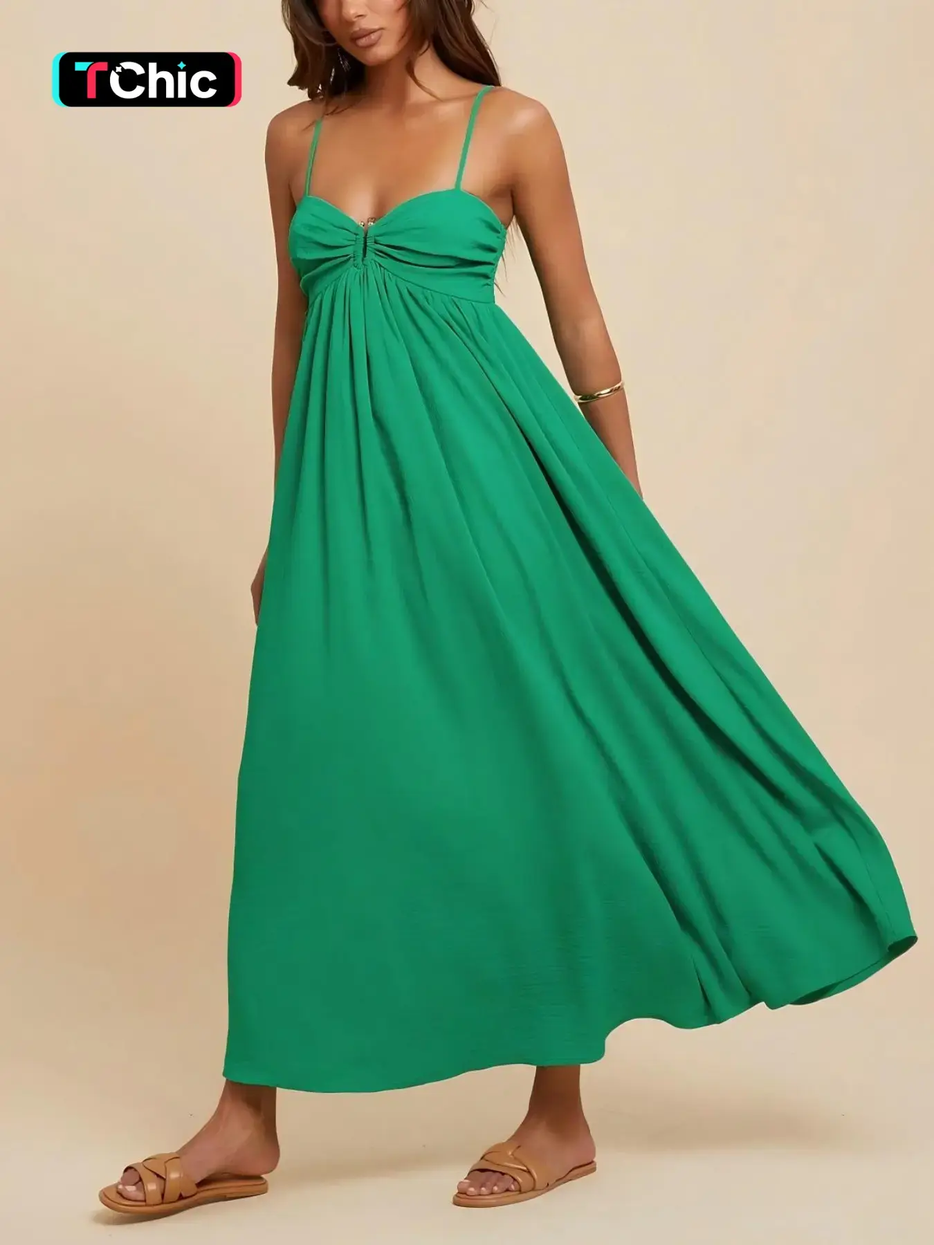 Women's Pleated Emerald Green Sleeveless Dress,Casual Summer Vacation Style,Spring&Summer Boho Beach Outfits,Concert Rave Festival Bohemian Outfits
