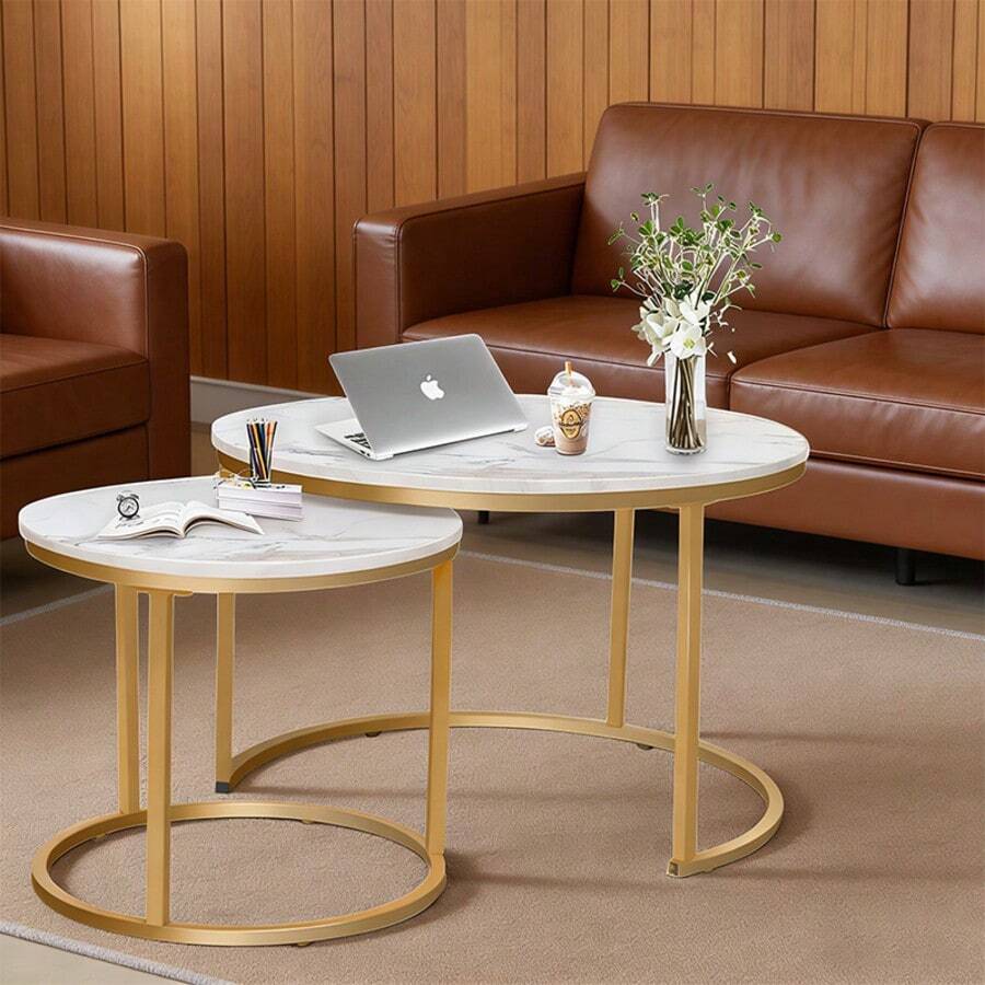 Nesting Coffee Table Set of 2 Round Side Tables, Modern Industrial End Tables with Sturdy Metal Frame, Oak Finish Accent Tables for Living Room Bedroom Apartment, Compact Nightstand & Sofa Side Table, Space Saving Home Furniture