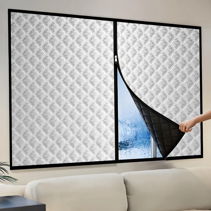 Zippered Windproof Insulated Window Curtain Set, Light-Blocking and Noise-Reducing Thermal Cover with Self-Adhesive No-Drill Installation