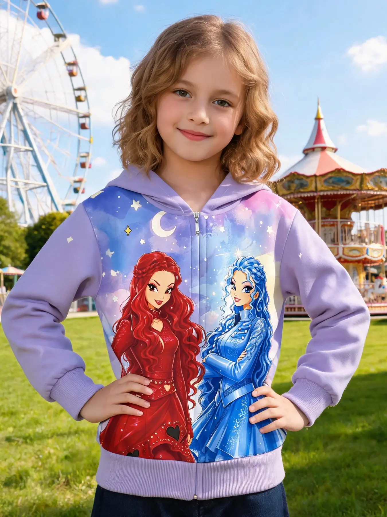 RED & CHLOE  Cute Magic Princess Print Hooded Zipper Jacket, Comfortable Soft Four Seasons Wear, Must-Have for Movie Fans, Stylish Outerwear