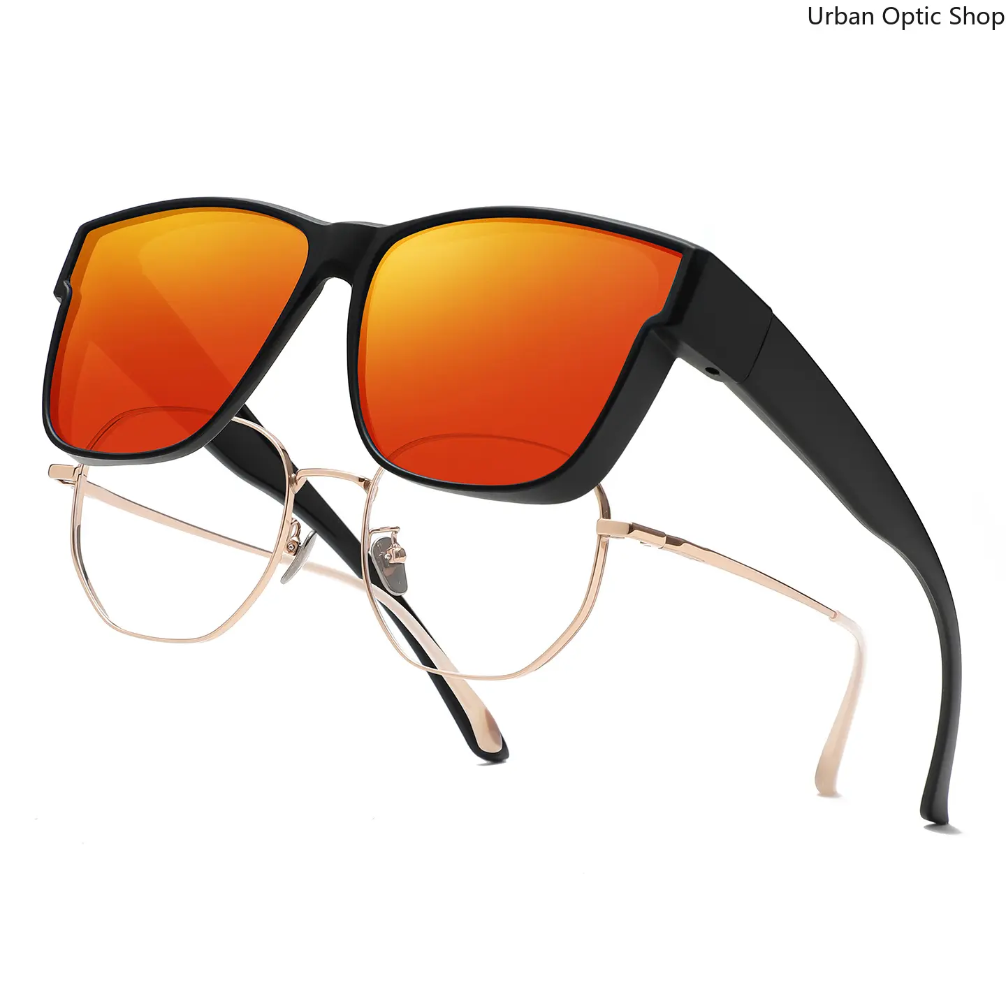 XUH Square Fit Over Sunglasses for Men Women, Black Frame Orange Red Mirrored Lens Polarized UV400 Protection, Oversized TR90 Frame Wear Over Prescription Glasses for Driving Fishing Outdoor Travel