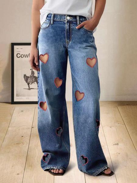 Women's Heart Pattern Denim Jeans, Denim Bottom, Loose-Fit Casual Style, All-Season Wearable, Perfect for Dating & Daily