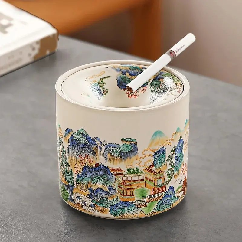 Chinese Style Ru Kiln Funnel-Shaped Ashtray with Lid Anti-Fly Ash Ceramic Household Tea Residue Water Basin Tea Set Accessory