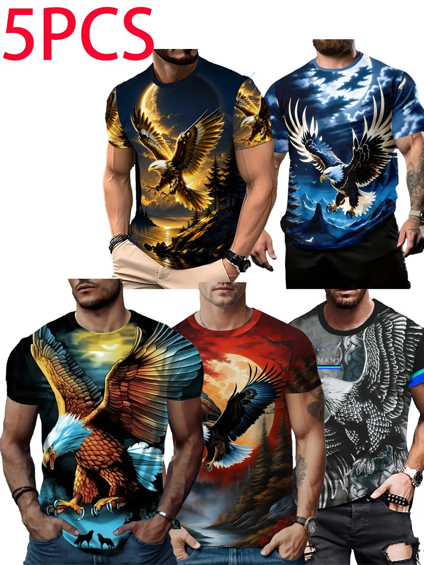 5-Pack American Vintage Eagle Hawk 3D Full-Print Short Sleeve T-Shirts, Men's Outdoor Trendy Breathable Casual Tees, 5-Piece Set