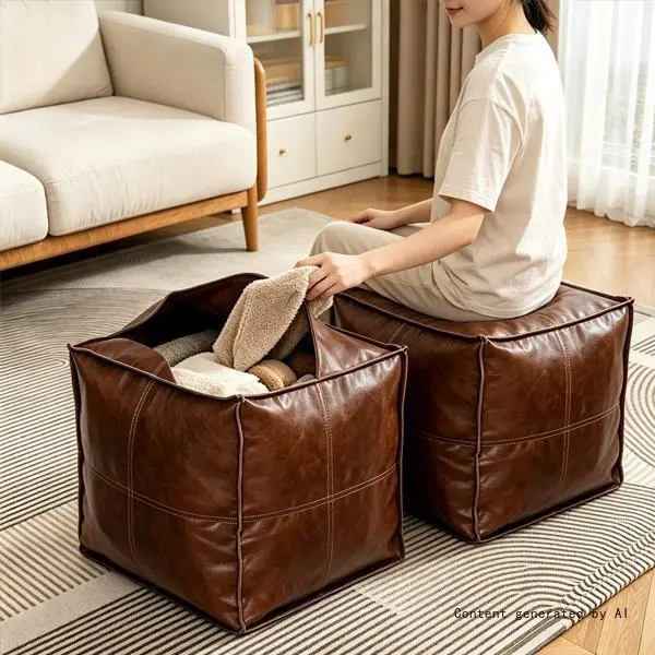 15.7-in Square Unstuffed Faux Leather Ottoman Cover - Footstool with Storage, No-Fill Pouf Seat for Old Clothes, Toys, Blankets, Living Room Bedroom Indoor Furniture