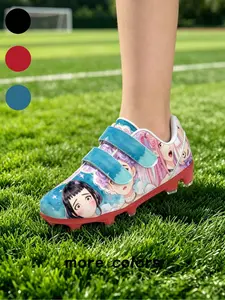 1 Pair Kids Velcro Football Cleats With Watercolor Pink Purple Hair Anime Girl Print & Gradient Blue Straps, Fresh Japanese Hand-drawn Girly Sports Style, Non-slip Blue Stud Sole & Wear-resistant Upper, Soccer Shoes For Boys And Girls Grass Training & Sch