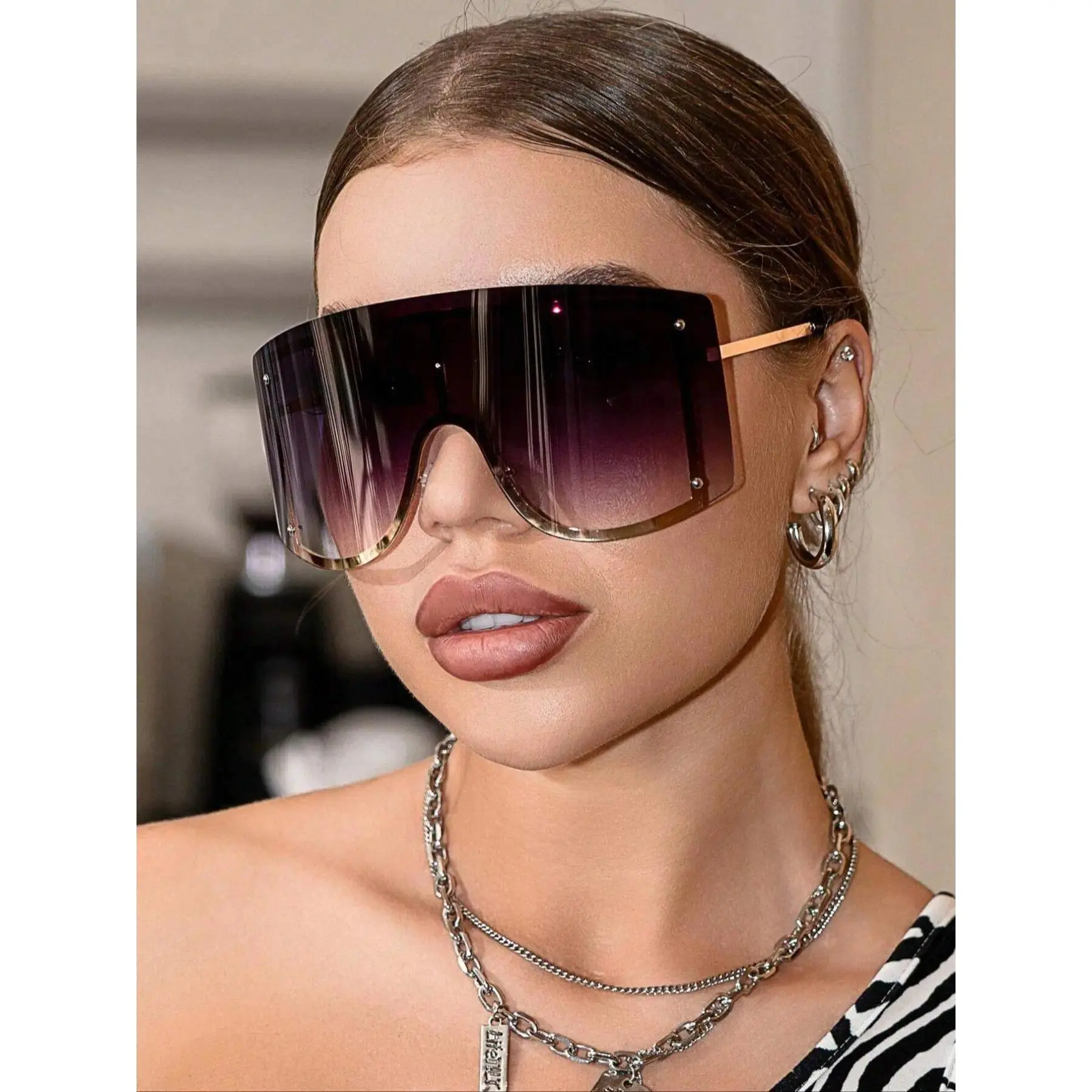 Futuristic Flat Top Shield Sunglasses Rimless Oversized Visor Eyewear Y2K Baddie Shades Trendy Cyberpunk Gradient Sun Glasses for Women tiktokshopbacktoschool