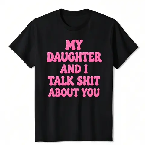 Men's Vintage Casual Short-Sleeve Graphic T-Shirt, Oversized Round Neck Top with Funny "My Daughter And I Talk About You" Mom-Daughter Theme