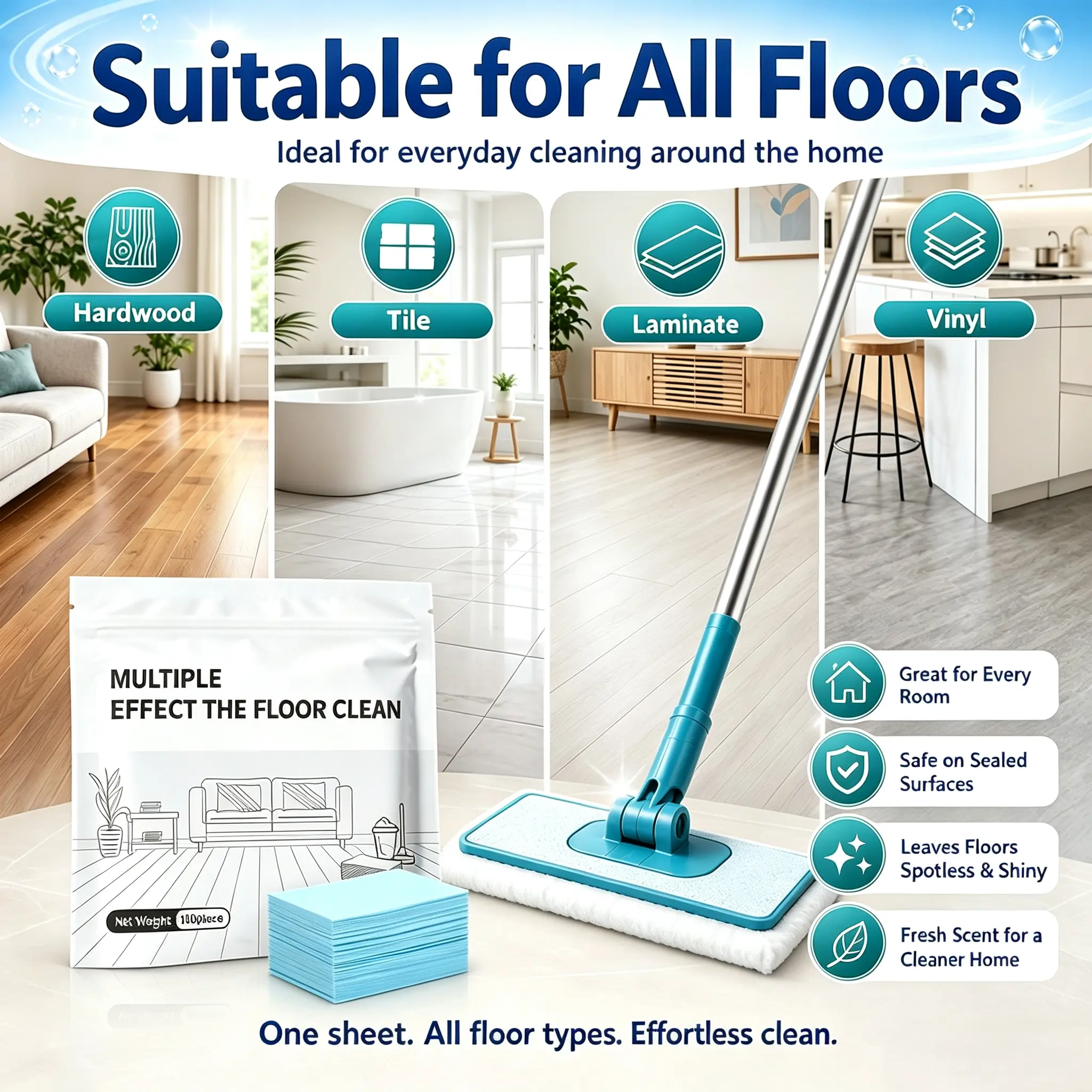 ZenDecor 100 Pcs All Floor Cleaner Tablets | Multi-Surface Deep Cleaning Mop Sheets for Hardwood, Tile, Laminate, Vinyl, Streak-Free & Long-Lasting Fresh Scent
