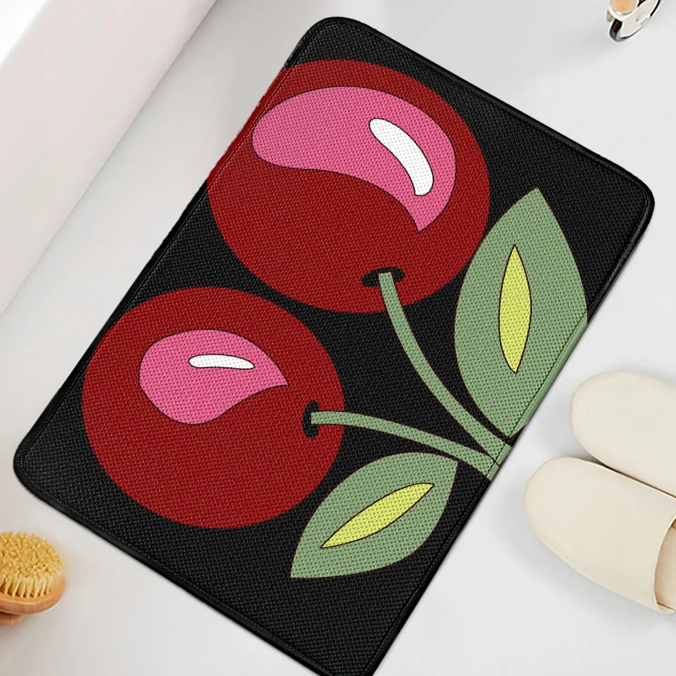 1pc Solid Color Oil Painting Cherry Bathroom Mat, Absorbent Non-Slip Soft Rug for Washroom Toilet Entryway Bedroom Bedside, Skin-Friendly Washable & Fade-Resistant, Sweet Cherry Art Bath Decor