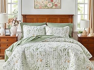 Floral Set 3 Piece Flower Sets Queen Size - Reversible Microfiber with 2 Shams Soft Breathable Botanical Bedding Bedspread Coverlet Summer Comforter All Season Purple Leaves