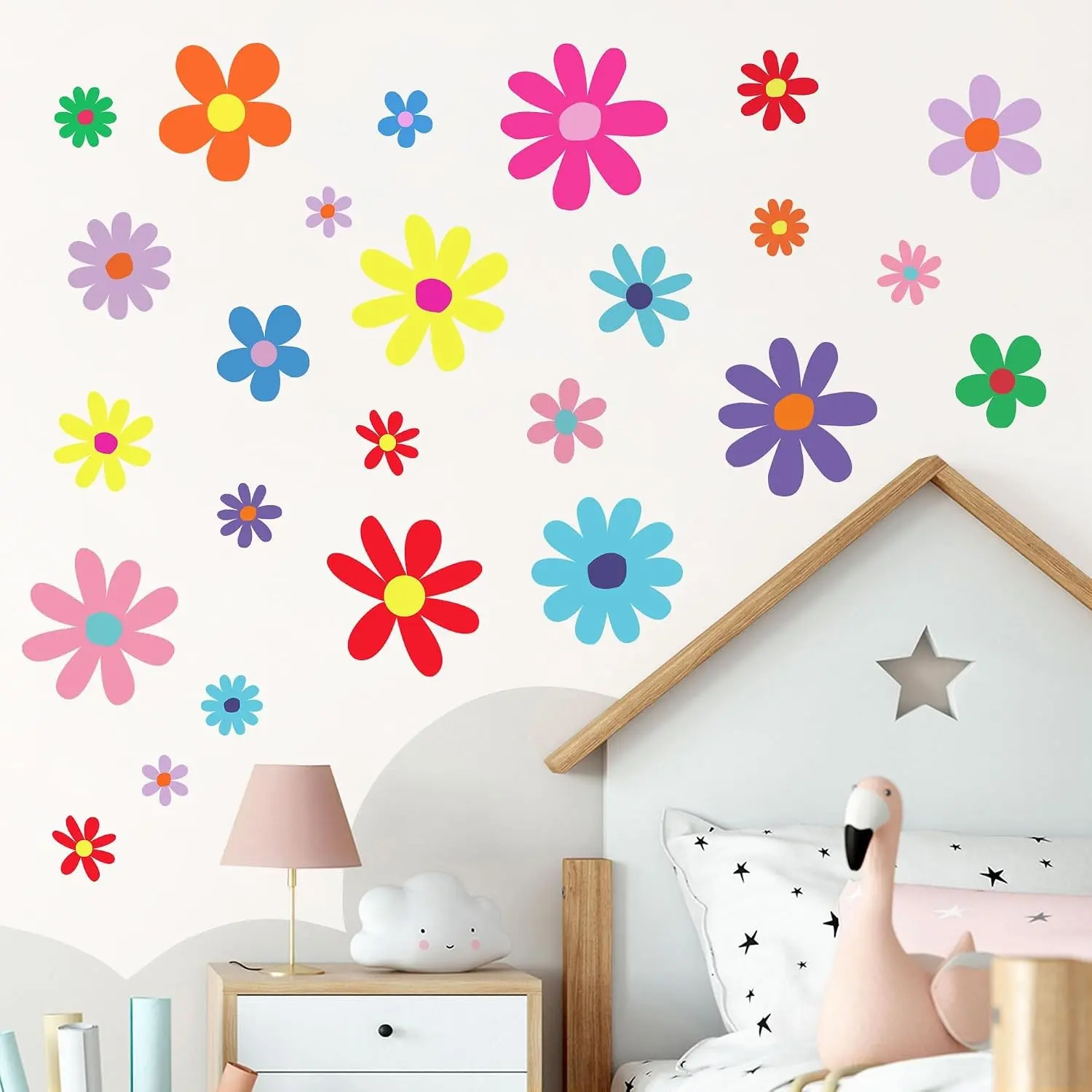 12 Sheets Daisy Wall Decals Boho Flower Wall Stickers Peel and Stick Floral Decals Cute Room Decor for Kids Girls Toddler Nursery Playroom Living Room Bedroom Classroom Retro Hippie Bright Style(Gift)
