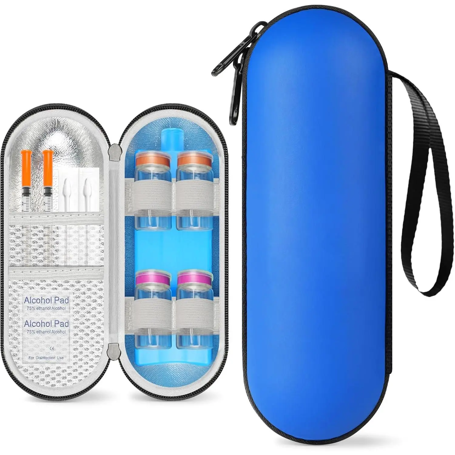 Insulin Cooler Travel Case for 4 Vials -  Cooler Case and  Medication Organizer, Hard Shell Portable  Cooling Bag with Ice Brick for Vials & Pens, TSA Approved, Blue
