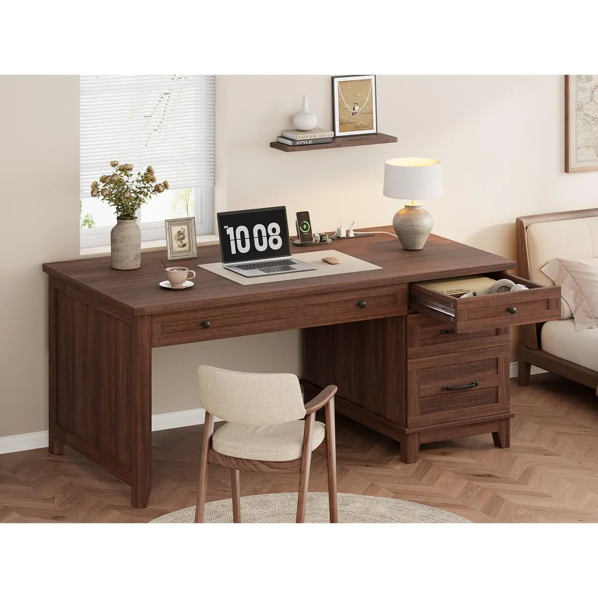 53.54" Executive Desk with File Cabinet & Charging Station, 4 Drawers Farmhouse Home Office Computer Desk, Power Outlets