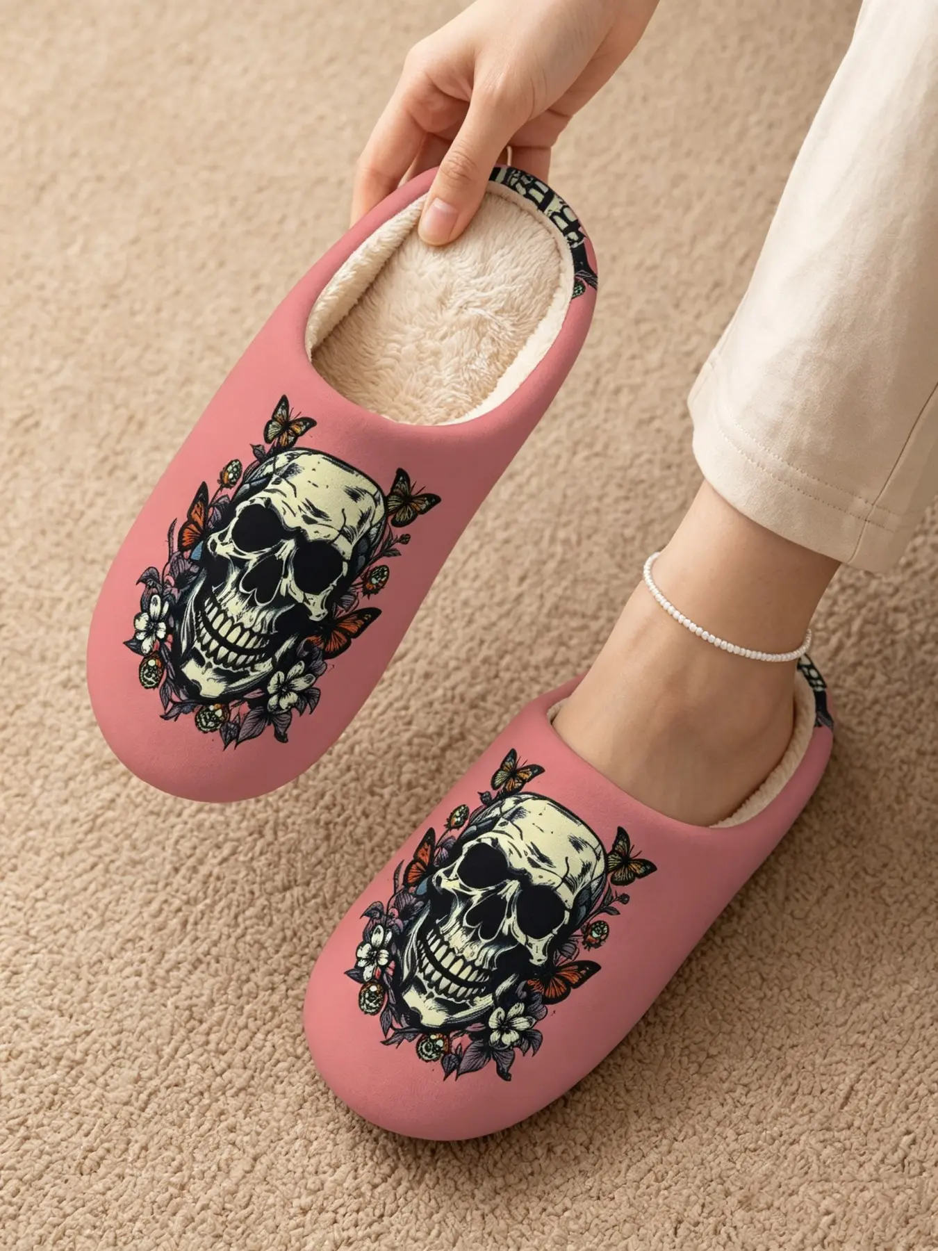 Women's Halloween Skull Bat Floral Witch Pattern Slippers, Warm Fuzzy Toe Indoor Bedroom Shoes, Soft Non-Slip Festival Home Shoes