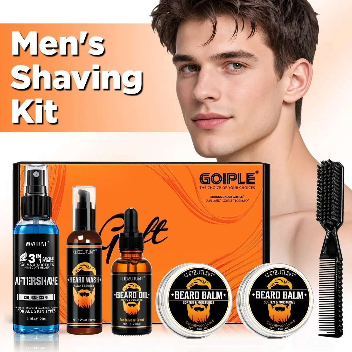 GOIPLE Beard Grooming Kit for Men,6 in 1 Beard Care Gift Set, Beard Care Products with Aftershave Spray,Beard Wash,Beard Oil,2 Pack Beard Balm,Beard Brush & Comb,Sandalwood Scent,Complete Beard Maintenance Kit,Gift for Dad Husband Boyfriend