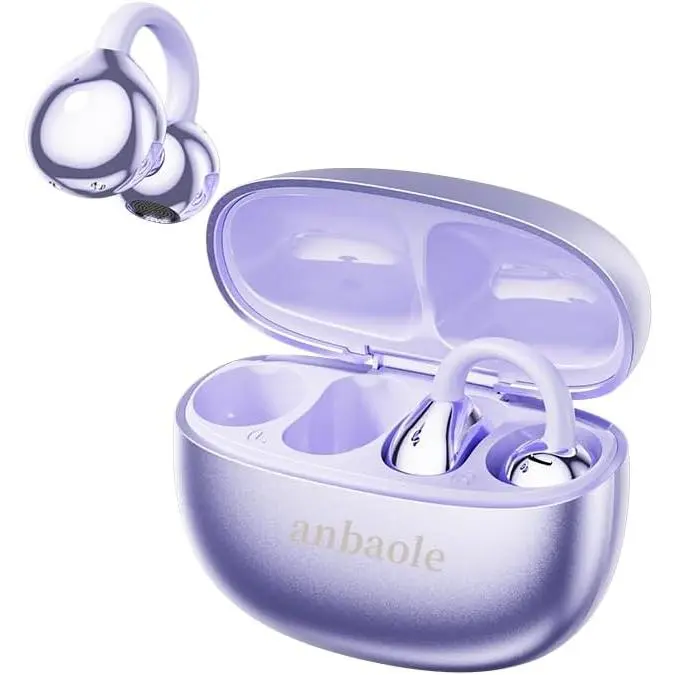 Open Ear Headphones, Wireless Earbuds for Sports Running Gym, 24H Battery, Sweat Proof, BT5.4, Noise Cancelling Mic, Wireless Charging Case for iOS Android (Style 1:Purple)