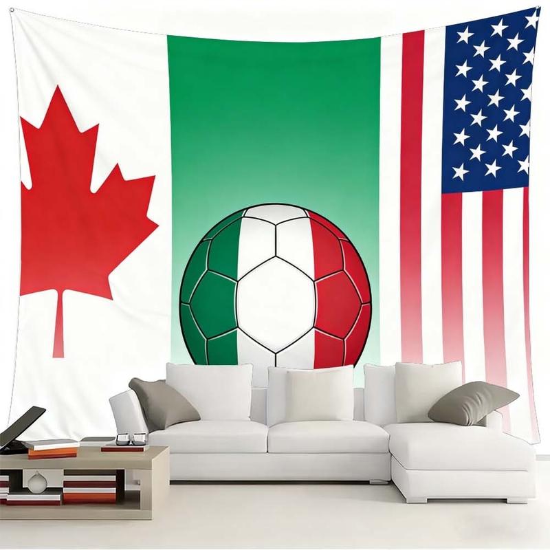 1 pc microfiber FIFA World Cup Tapestry Wall Hanging Soccer Flags Decor Living Room Dining Room Bedroom Outdoor Holiday Atmosphere Enhancement Green Red White American Canadian Flag Soccer Ball Art Multinational Sports Theme Stylish Decorative Background