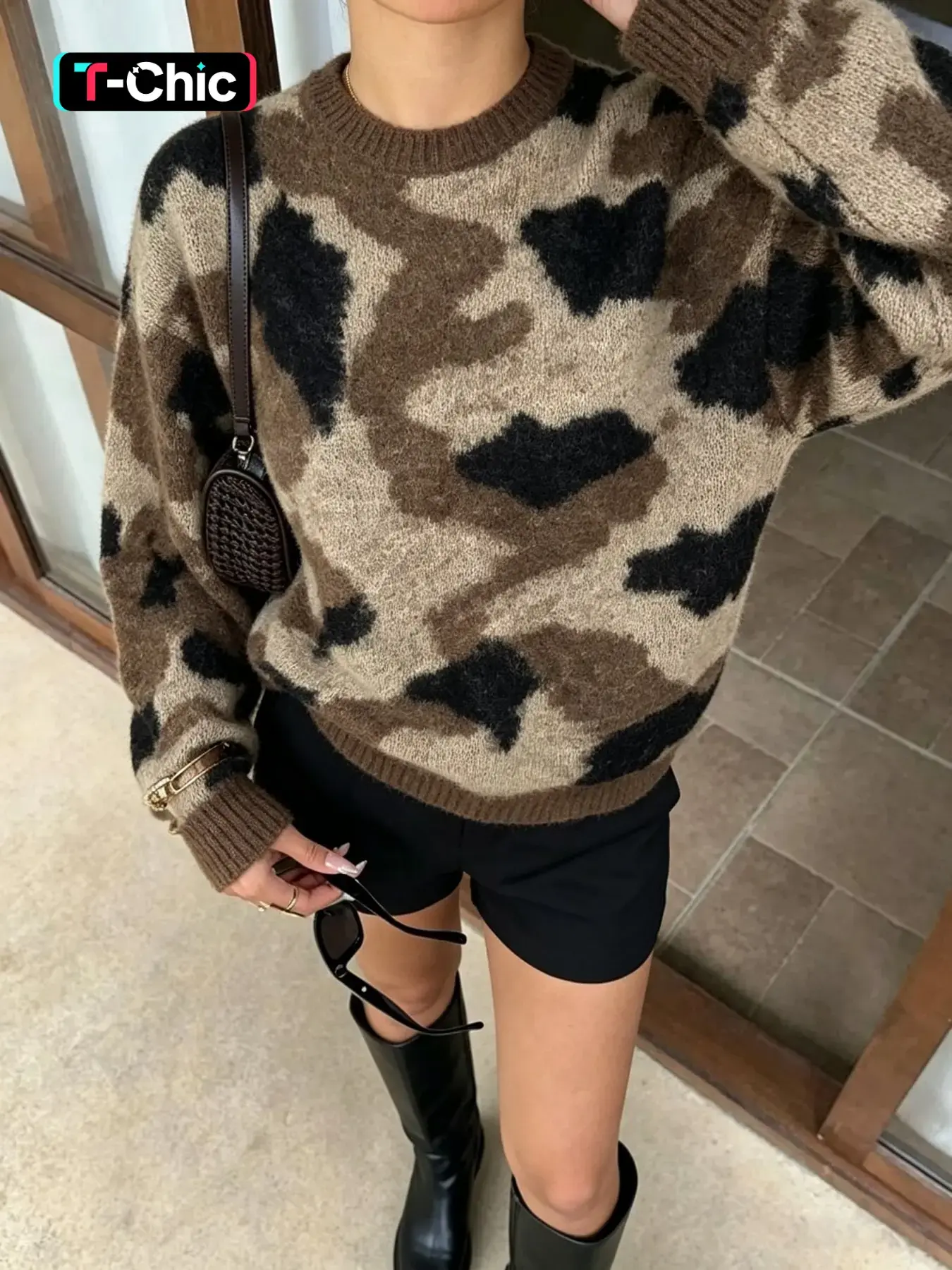 Women's Vintage Style Irregular Pattern Fuzzy Pullover Sweater, Fashionable Elegance Casual Loose Fit Knitwear for Fall & Winter, Casual Pullovers