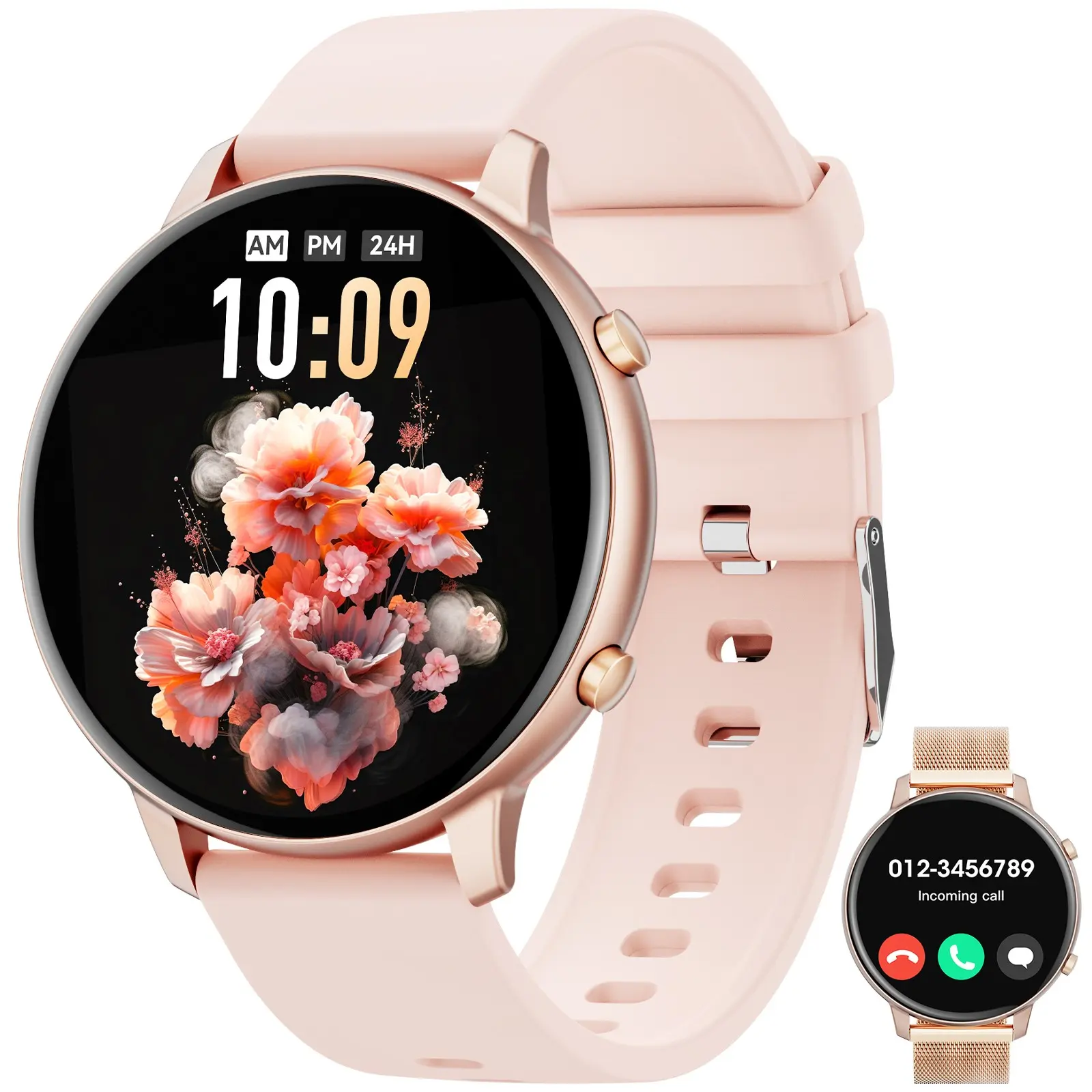 Rose Gold Smart Watch for Women with Dual Straps,Supports Bluetooth Incoming & Outgoing Calls,1.39 Inch HD Screen Fitness Tracker,IP67 Waterproof,110+ Sport Modes,Compatible with iOS & Android, Health Fitness Smartwatch