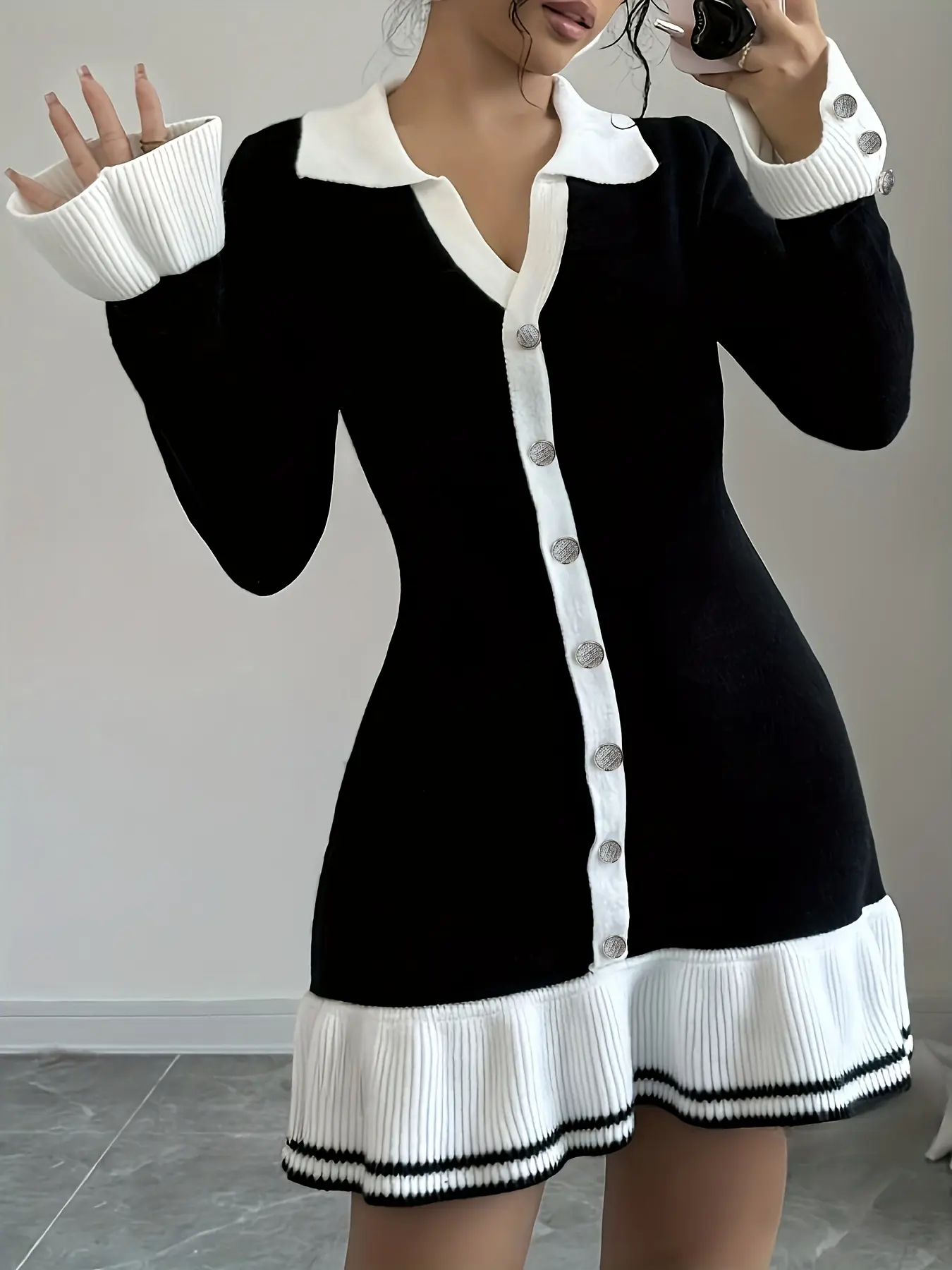 Elegant Fashion Women's Patchwork Ruffle Button Decor Knit Sweater Dress, Slim-Fitting Bodycon Knitted Dress Fall & Winter Style, Chic and Comfortable