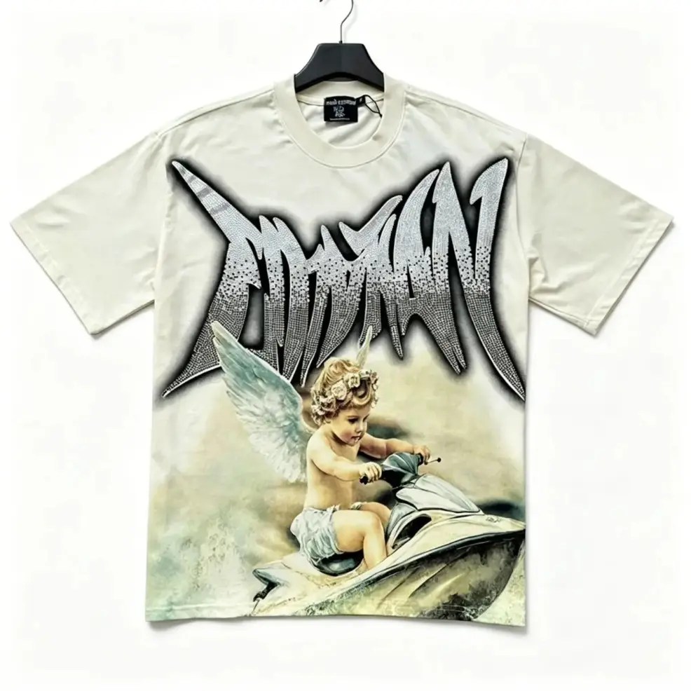 Mixed Emotion Diamond Angel Graphic T-Shirt Vintage Washed Oversized Heavyweight Cotton Rhinestone Gothic Grunge Y2K Streetwear Hip Hop Crewneck 2026 Summer Men Trendy Top