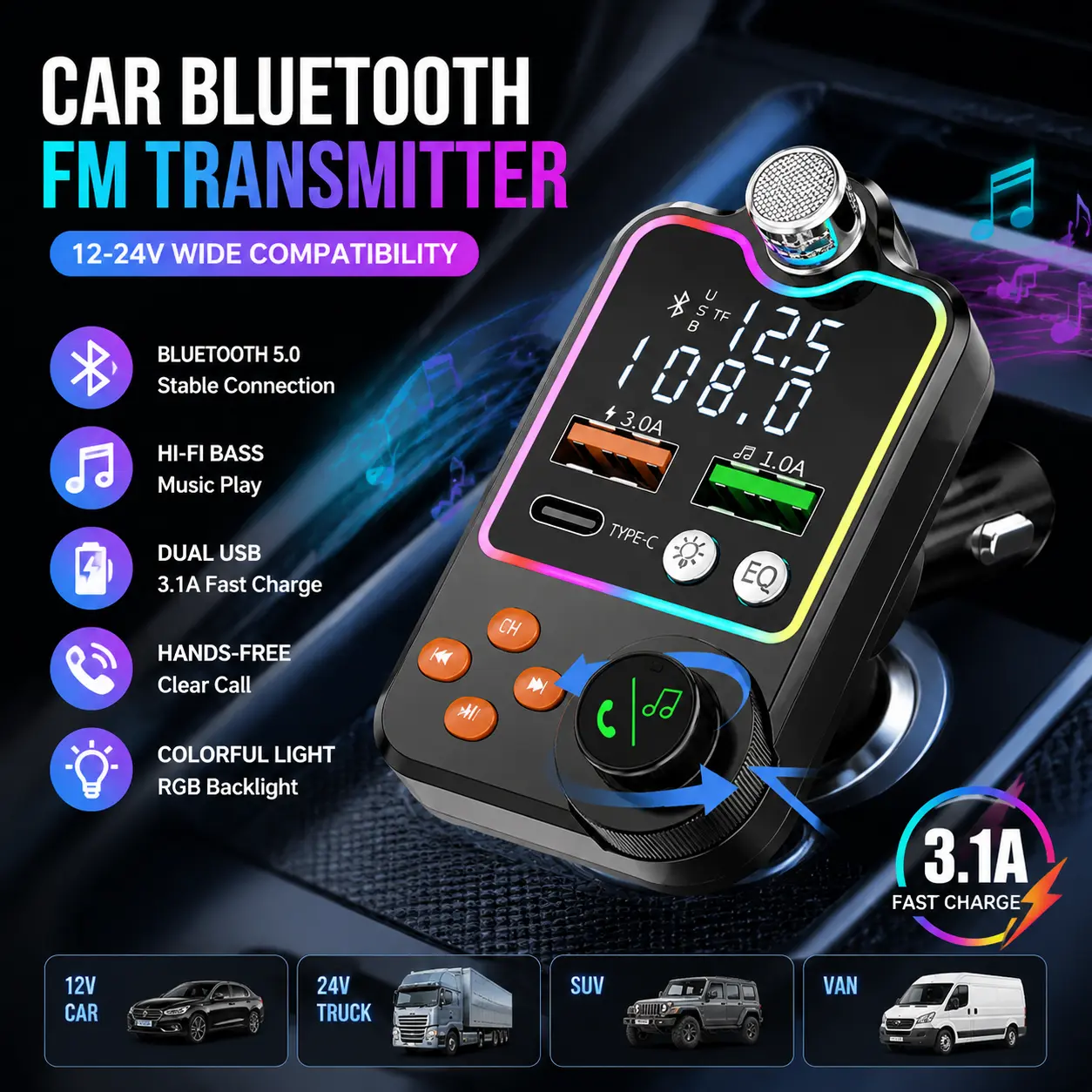 Bluetooth 5.0 In-Car FM Transmitter with Fast Charging Port - Wireless Audio Adapter for Music & Hands-Free Calls