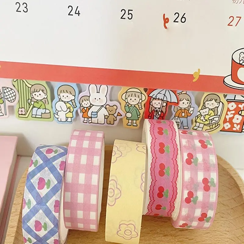 Pink Grid Cherry Flower Pattern Washi Tape, 5 Counts/set Colorful Scrapbooking Crafts Tape, Scrapbook Accessory, Scrapbooking Tool, DIY Decorative Tape for Journal Making, Gift Wrapping