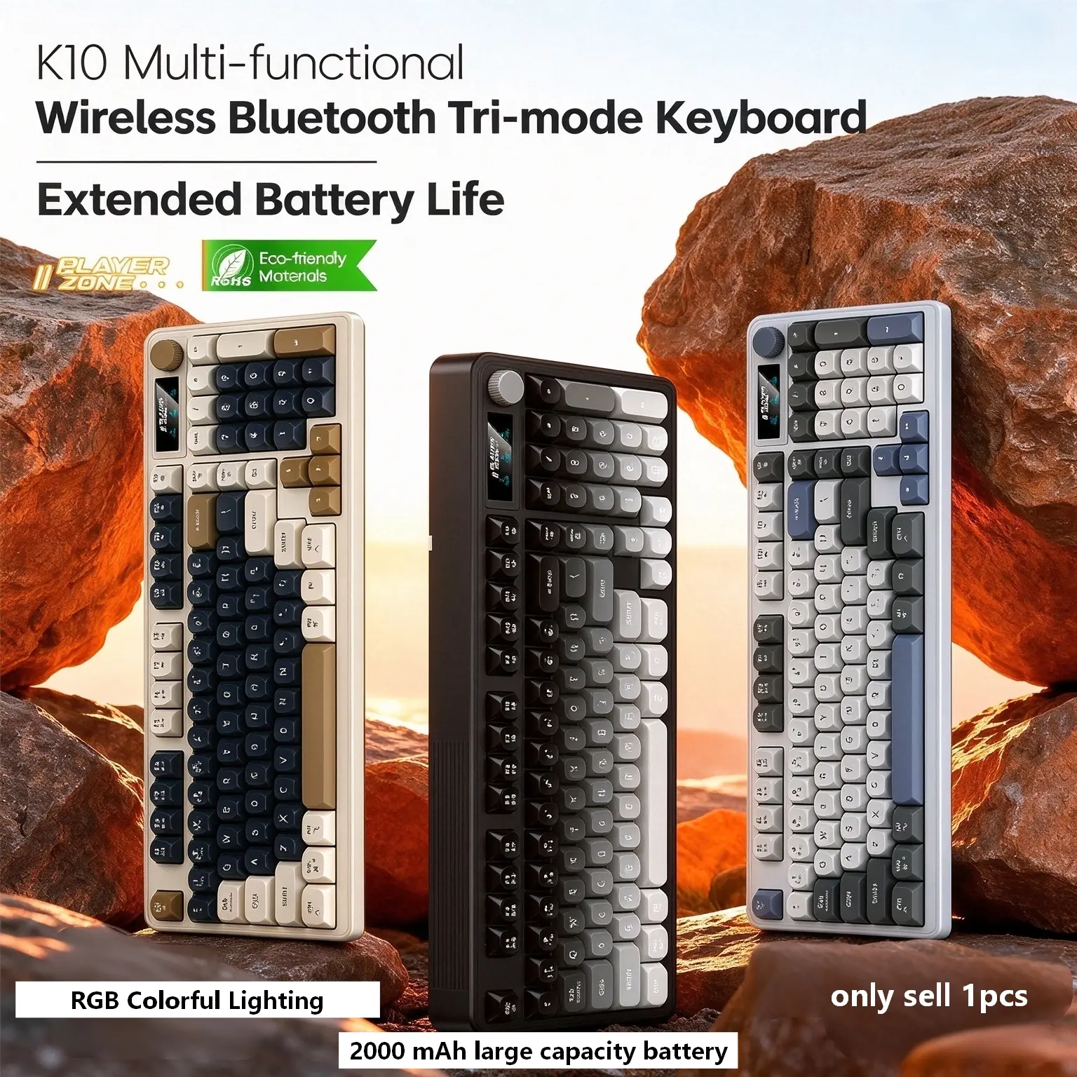 K10 98-Key Wireless Gaming Keyboard, Bluetooth-compatible & 2.4g Wired, RGB Backlight, Multi-Function Knobs, 2000mah Battery, PC MAC Laptop Compatible