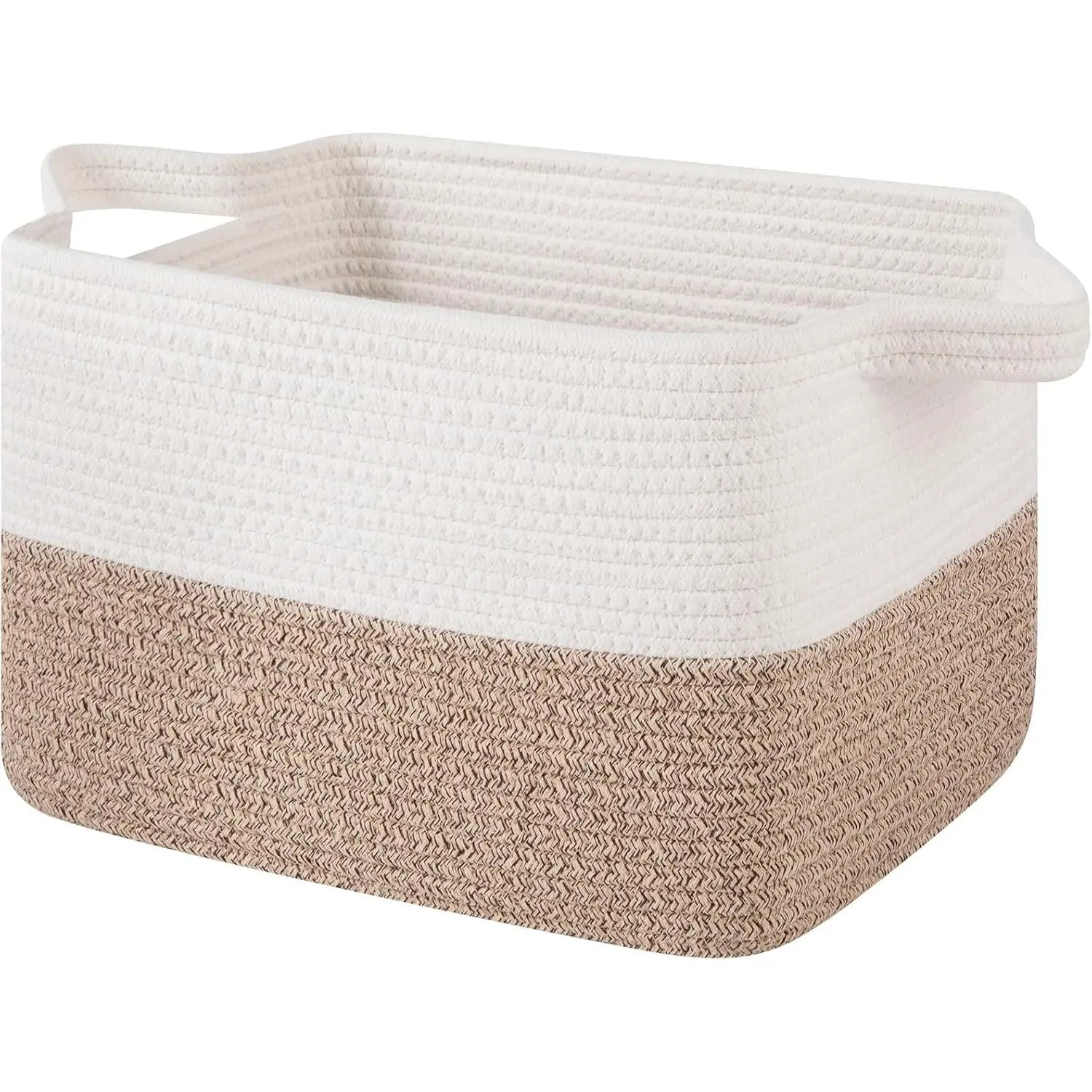 Woven Storage Basket for Shelves, Rectangle Cotton Rope Baskets for Organizing, 13 x 10 x 9 in, Storage Bins for Dog Toys,Towel,Books,Gift,Brown and White