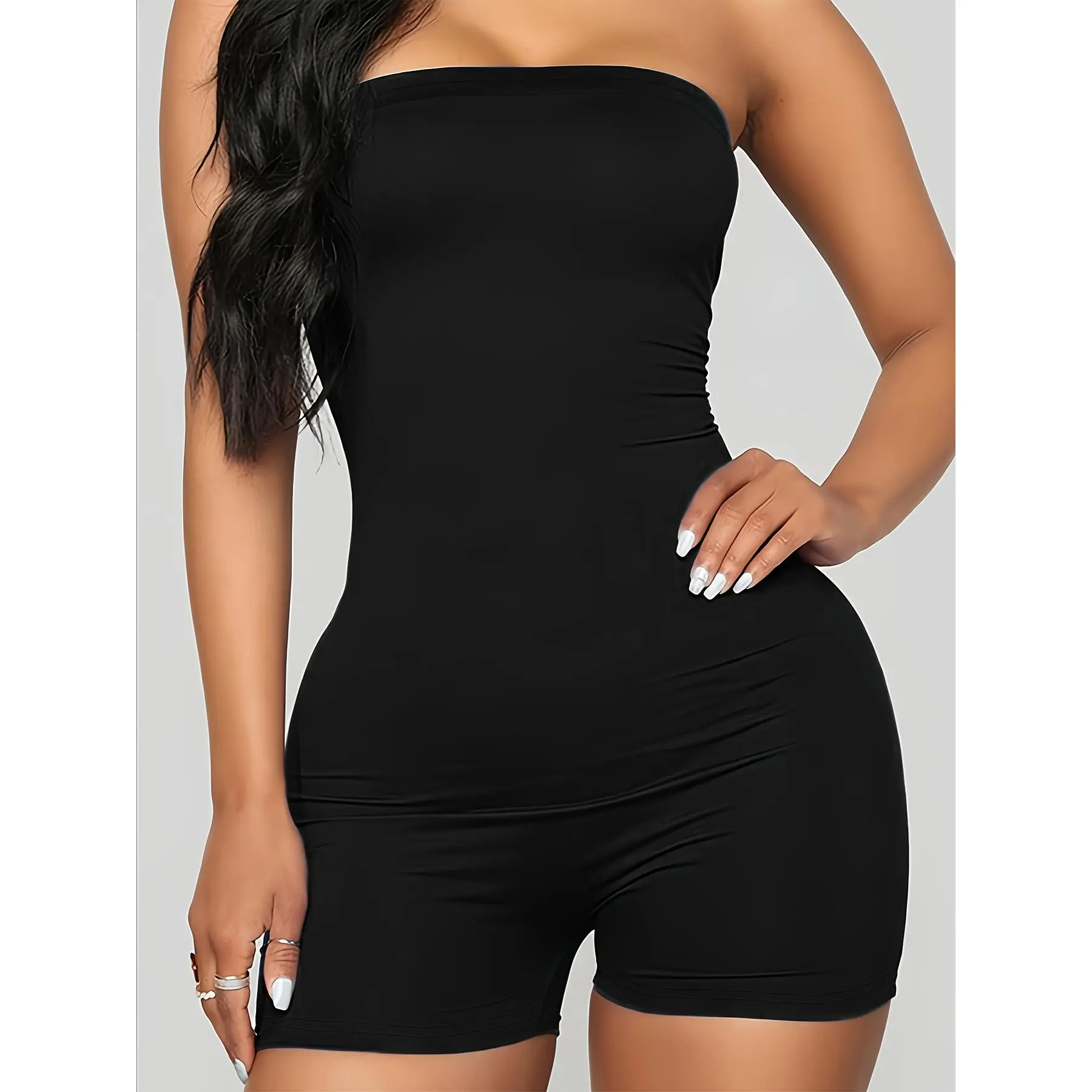 Women's Sexy Bandeau Romper with Headband, Solid Color Strapless High Elasticity Knit Jumpsuit Playsuit, Overalls, Fabric, Elastane, All-Season, Plain, Polyester