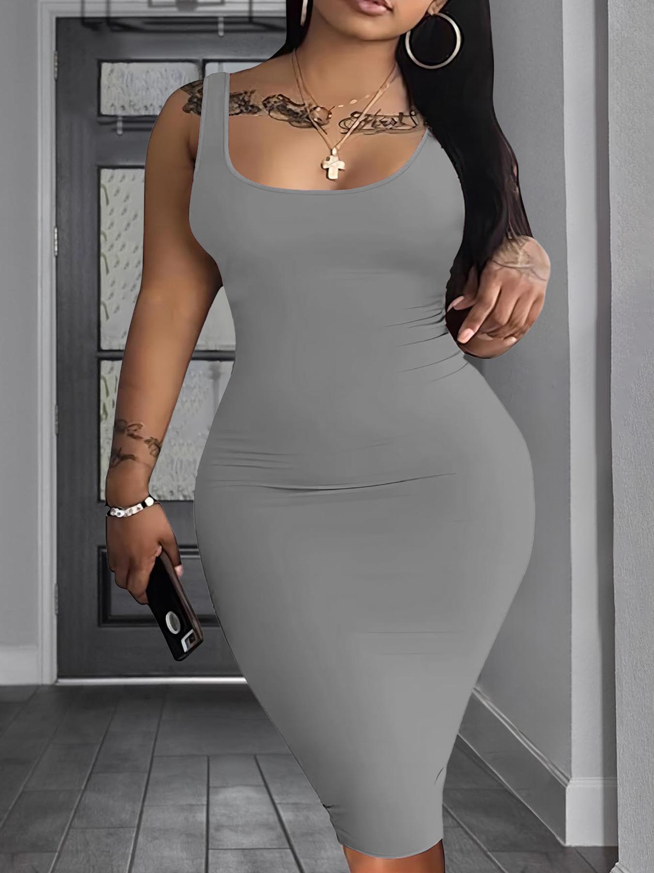 Plus Size Women's Solid Color Round Neck Tight Fitting Casual Knit Dress, Comfortable Fit for Various Occasions, Stylish and Versatile Summer Wear