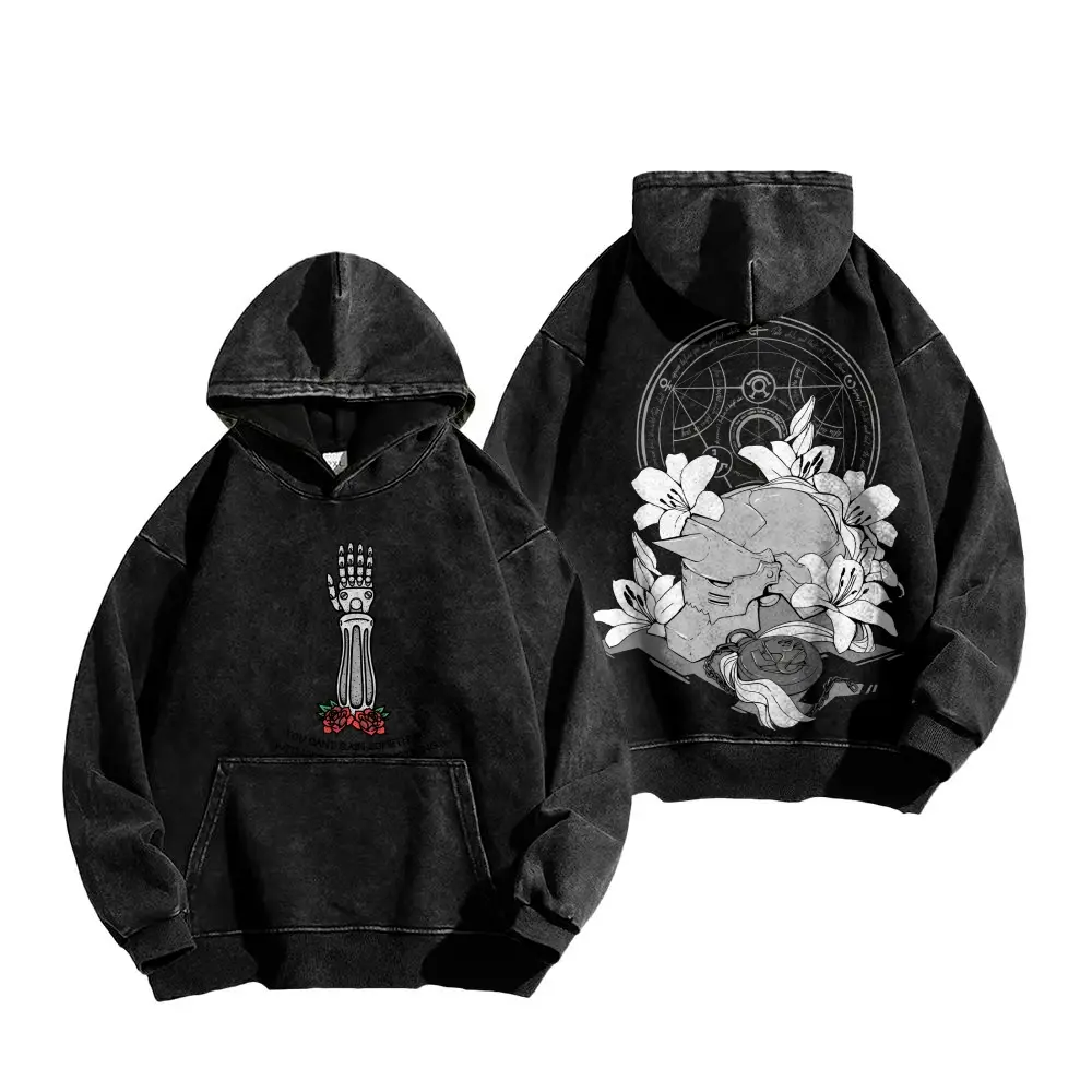 Multi Color Vintage Washed Pullover Hoodie, Fullmetal Alchemist Double Sided Automail Arm & Alphonse Elric Lily Graphic Oversized Hoodie, Retro Anime Streetwear Hooded Sweatshirt for Men Women Multiple Vintage Wash Color Options