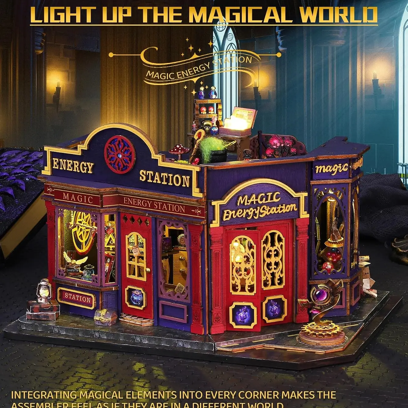 DIY Wooden Magic Energy Station Mini House Kit, Warm Lights, Creative Craft, Bookshelf Decor, Room Decoration, Gift, Fantasy Style