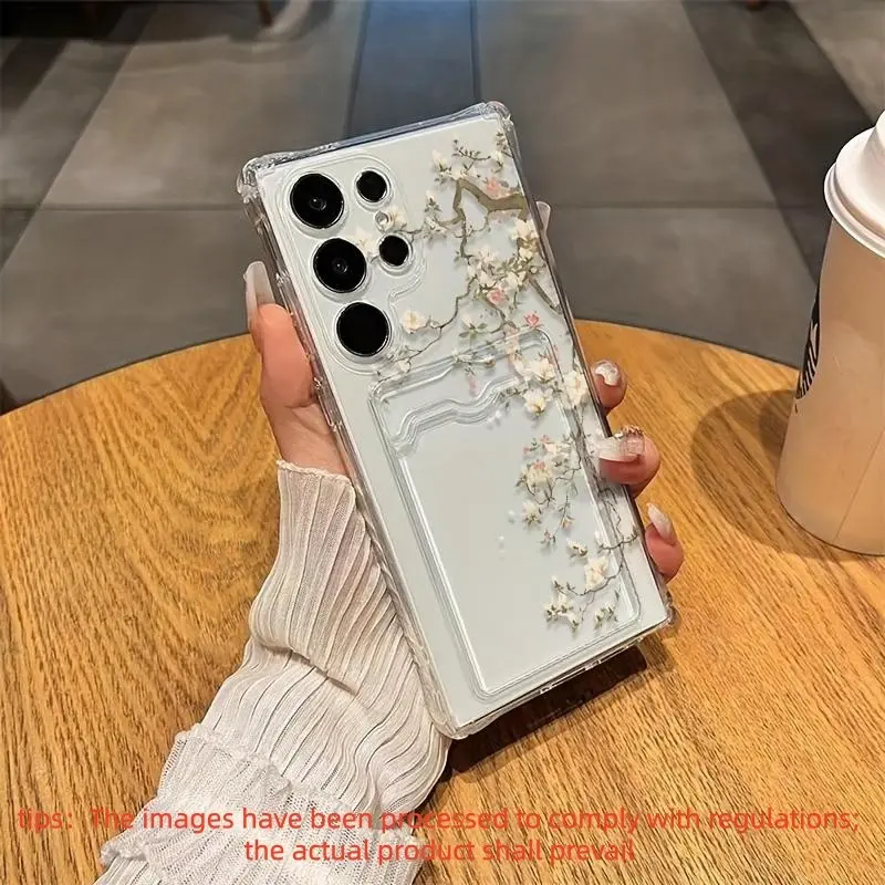 White Floral Vine Card Holder Soft Shell Suitable for Samsung Series A54/A53/A52 (Compatible with A52S)/A34 (5G)/A32 (5G)/A14 (5G)/A13 (5G)/S21/S21U/S22/S22U/S23/S23+/S23U And S24 Series A15/A35 (5G)/A55 (5G)/A25 (5G)