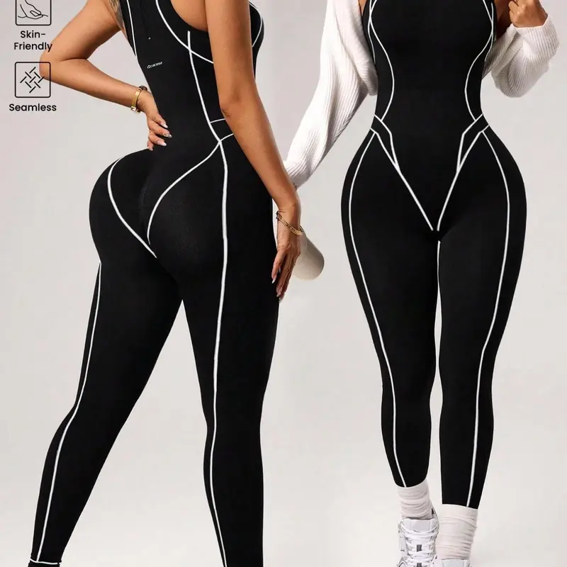1-pack women's knitted seamless high-elastic yoga jumpsuits, Sleeveless sports jumpsuit, with back zipper, suitable for all seasons, comfortable and breathable, suitable for sports, casual wear