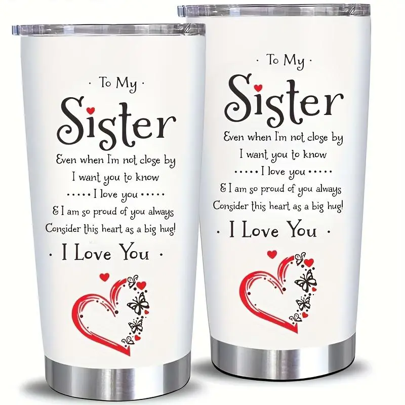 White Base Sweet Sister Hug Message Vacuum Insulated Tumbler Cup Red Heart Butterfly Pattern Leak Proof Flip Lid Included Family Appreciation Coffee Travel Mug