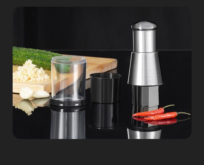 One-Push Garlic Chopper - Multi-function Kitchen Tool for Mincing Garlic, Ginger, Nuts - Thick 304 Stainless Steel, No Slip Grip
